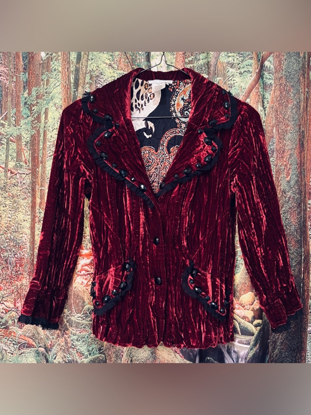 Y2K Alberto Malaki Burgundy Red Crushed Velvet Embellished Blazer boho XS